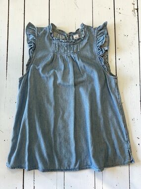 Old Navy Chambray Sleeveless Blouse Blue Ruffle Neck Flutter Sleeve Size S